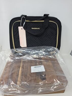 BAGSMART Black Quilted Toiletry Bag with Gold Trim